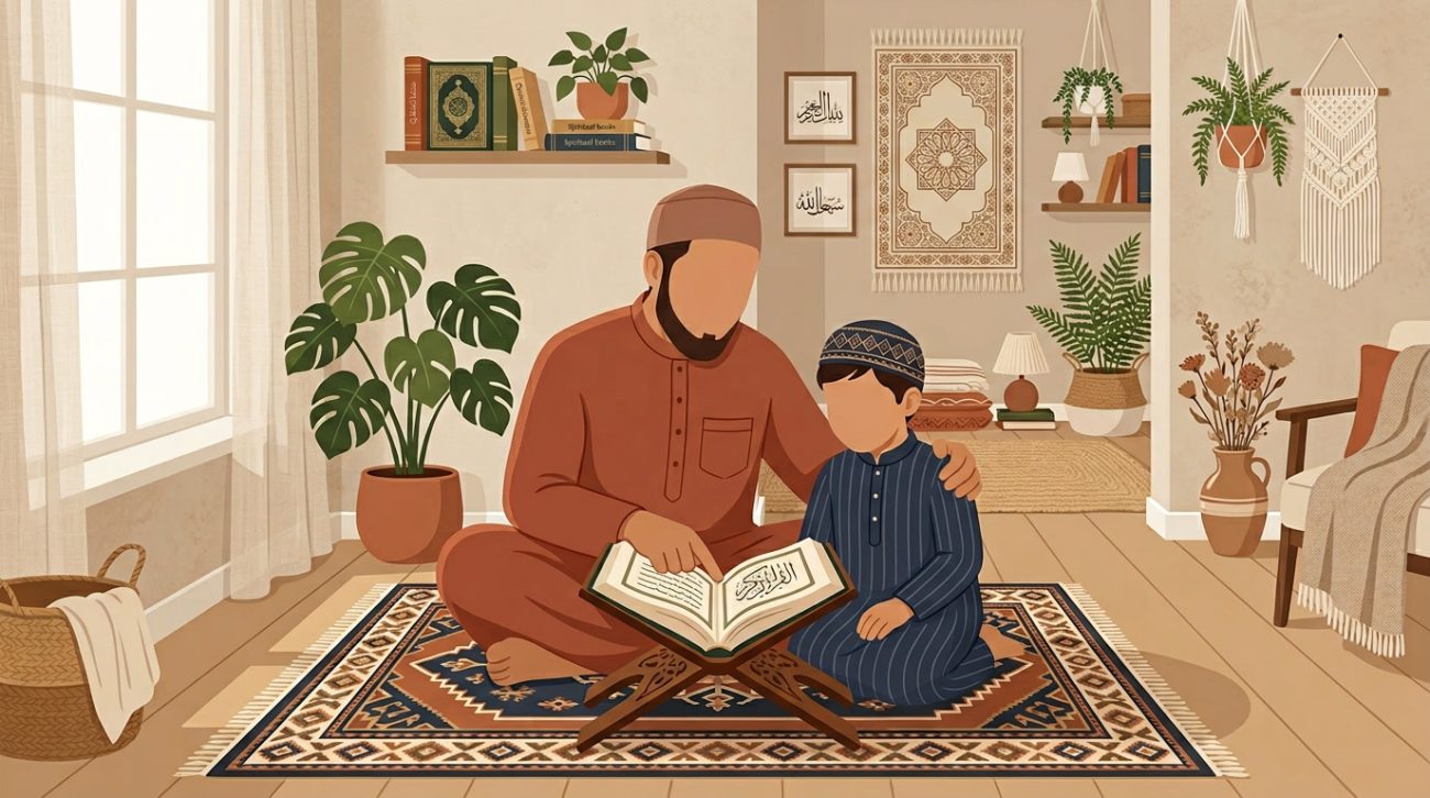 Ayah dan anak belajar Al-Qur'an bersama dengan penuh kasih sayang