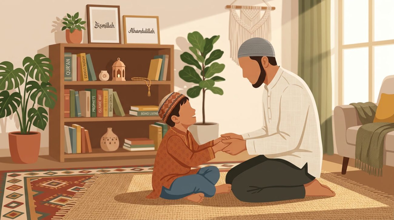 Ayah sedang menasihati anaknya dengan penuh kasih sayang di rumah sesuai prinsip parenting islami