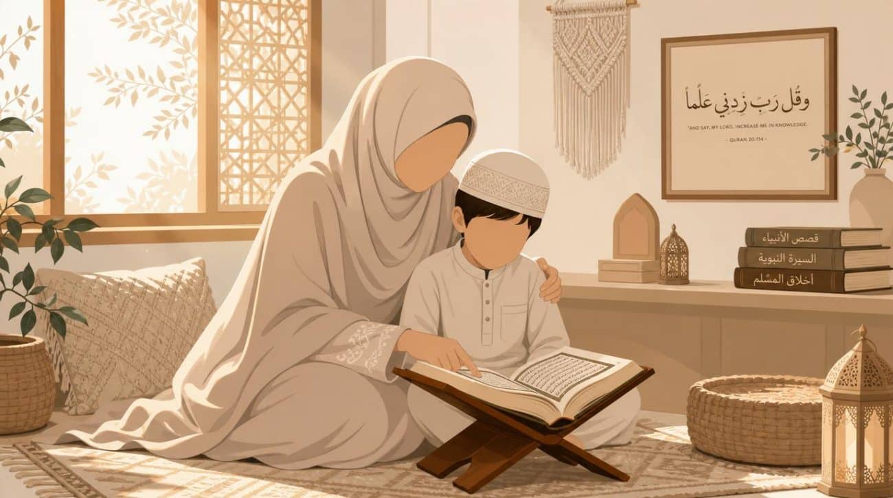 Ilustrasi ibu dan anak belajar Al-Quran mencerminkan keteladanan Bunda Hajar dalam mendidik Ismail