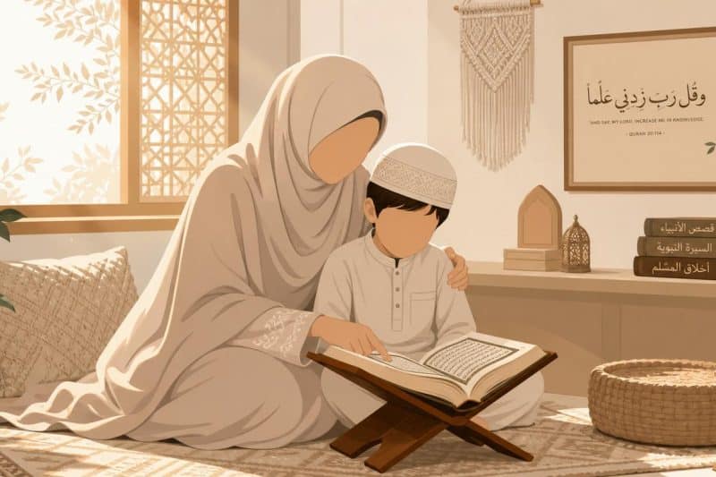 Ilustrasi ibu dan anak belajar Al-Quran mencerminkan keteladanan Bunda Hajar dalam mendidik Ismail
